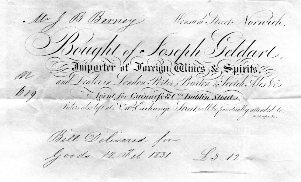Invoice dated 12th February 1831 for goods supplied to Mr J. B. Berney of Worstead / Aylsham.