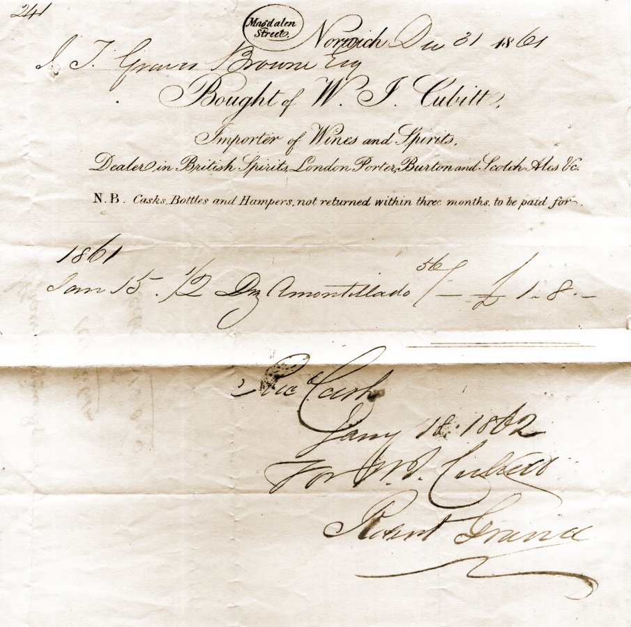 1861 invoice for 6 bottles sherry.