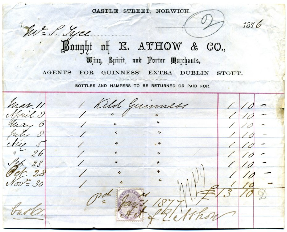 1876 invoice for Guinness